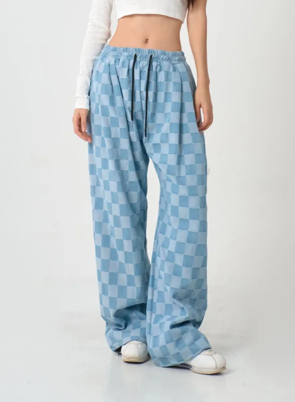 Denim Checkered Banding Wide Pants IG31 sold by Lewkin
