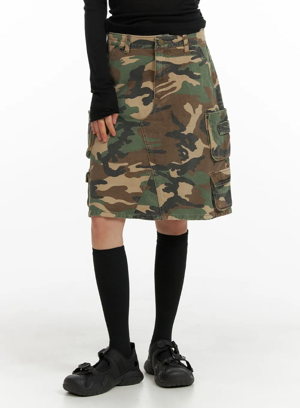 Denim Camo Cargo Midi Skirt CM412 sold by Lewkin
