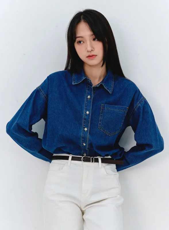 Washed Long Sleeve Denim Shirt OO316 sold by Lewkin