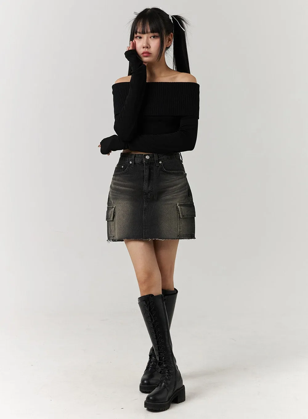 Denim Mid Waist Ripped Mini Skirt CJ405 sold by Lewkin