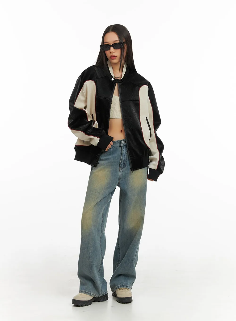 Washed Denim Wide Leg Jeans IA417 sold by Lewkin