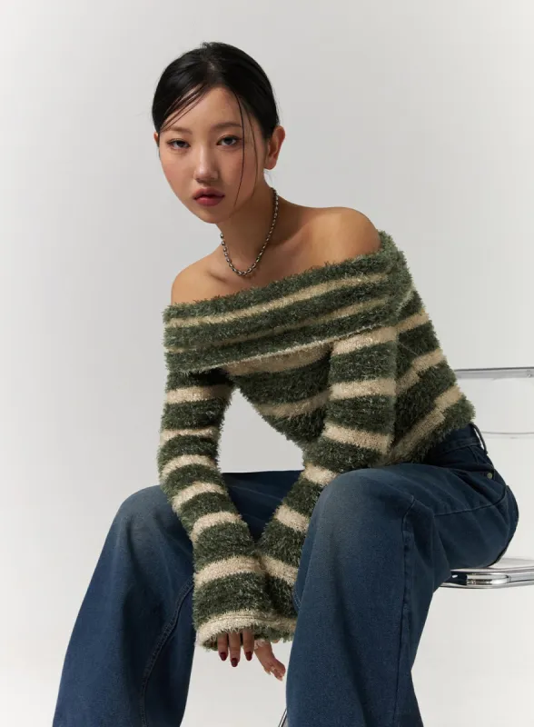 Fuzzy Striped Off-Shoulder Wool-Blend Long Sleeve Sweater CD329 sold by Lewkin