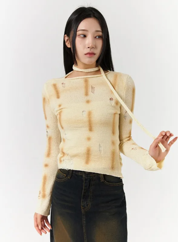 Knit Round Neck Ripped Sweater With Thin Scarf CD322 sold by Lewkin