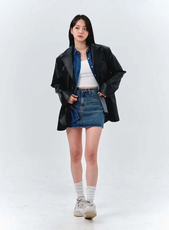 Washed Denim Mini Skirt OO316 sold by Lewkin