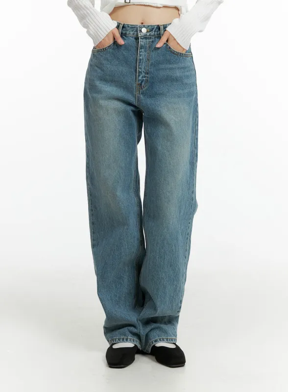 Washed Denim Straight Leg Jeans OF414 sold by Lewkin