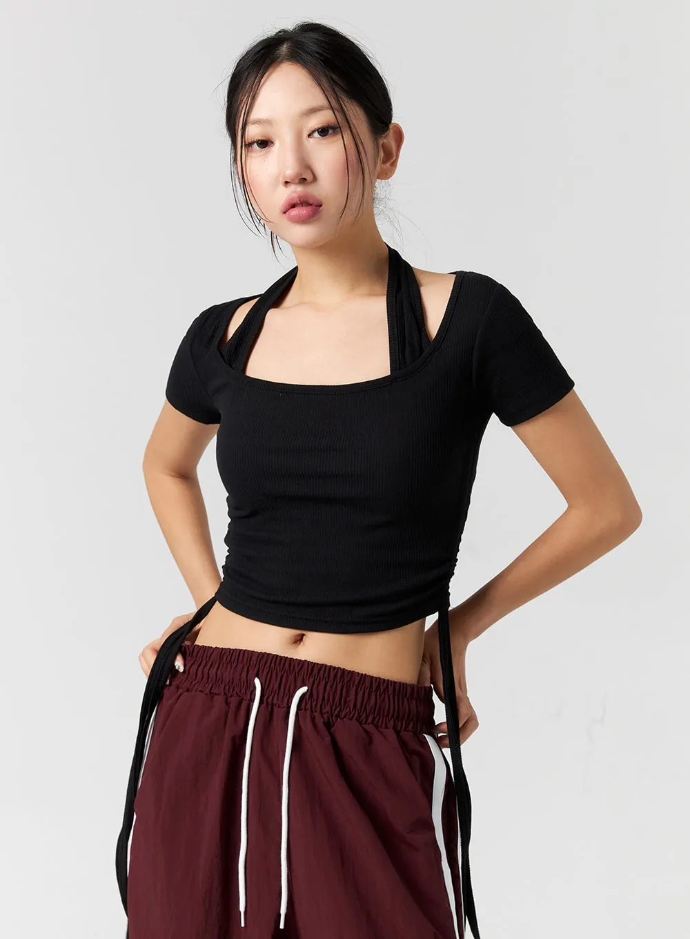 Halter Neck Side Shirring Crop Top CG310 sold by Lewkin