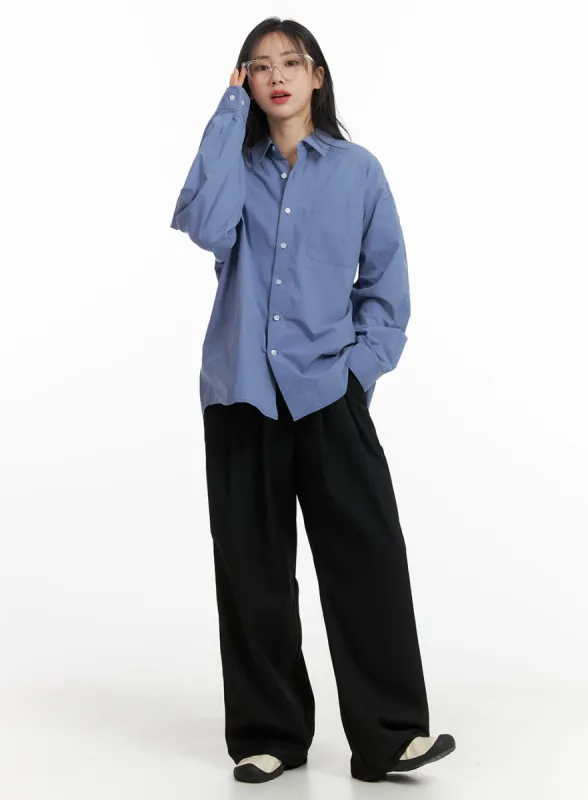 Solid Banding Wide Trousers OM412 sold by Lewkin