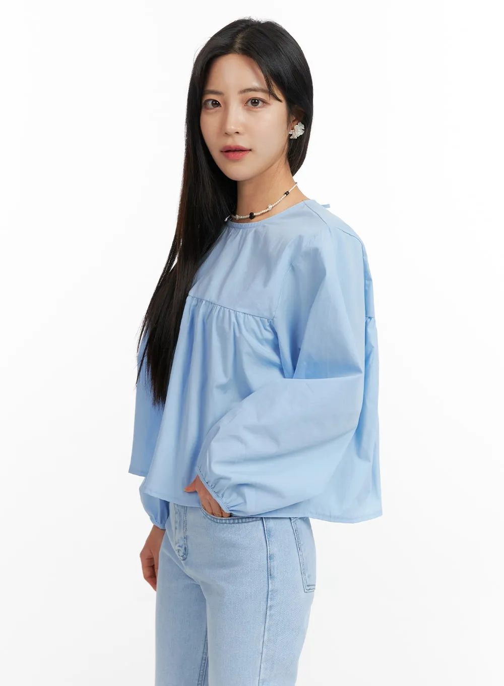 Solid Round Neck Long Sleeve Blouse OF420 sold by Lewkin