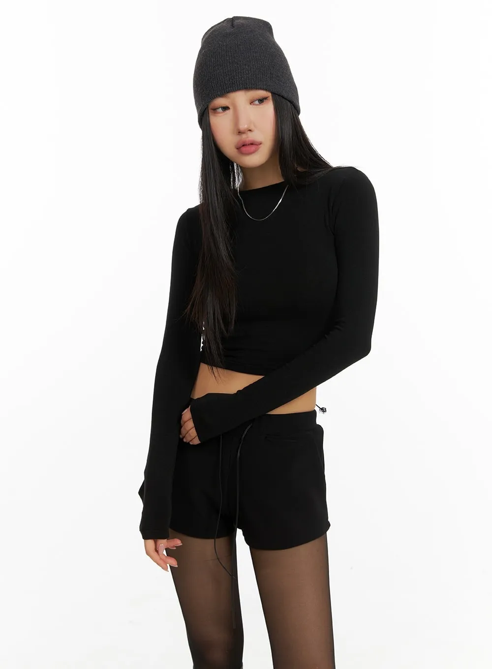 Solid Back Drawstring Cropped Long Sleeve CM408 sold by Lewkin product image thumbnail 2