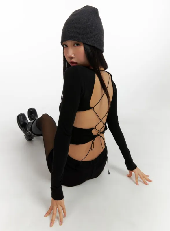 Solid Back Drawstring Cropped Long Sleeve CM408 sold by Lewkin