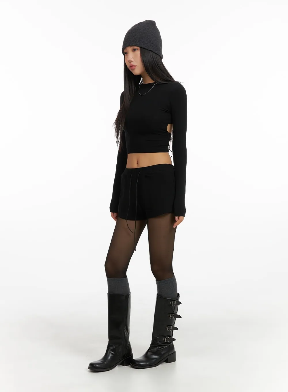 Solid Back Drawstring Cropped Long Sleeve CM408 sold by Lewkin product image thumbnail 4