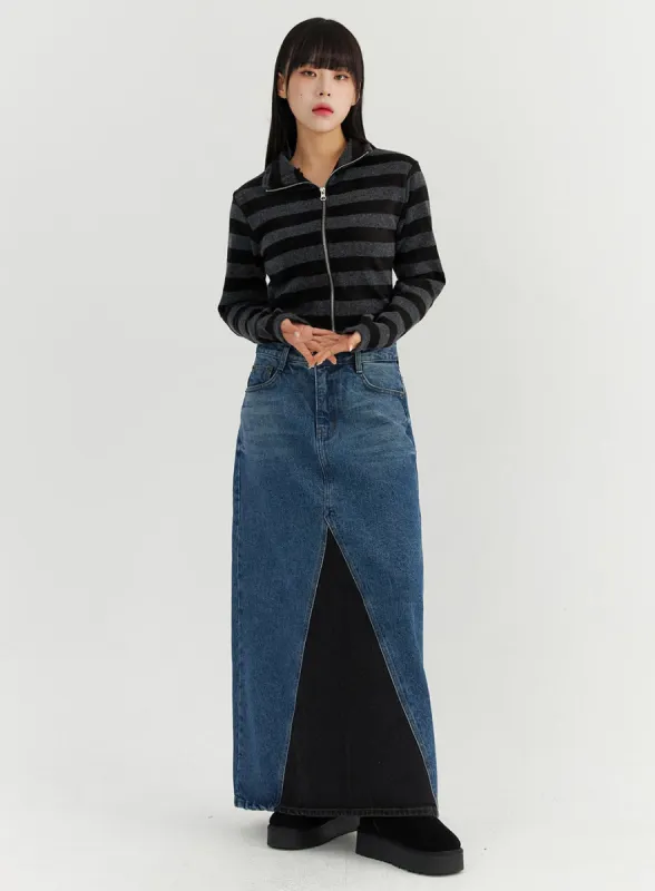 Colorblock Denim Maxi Skirt CO319 sold by Lewkin