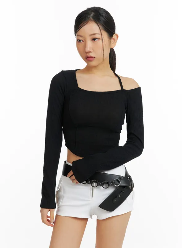 Solid Knit Asymmetrical Long Sleeve Top CF416 sold by Lewkin