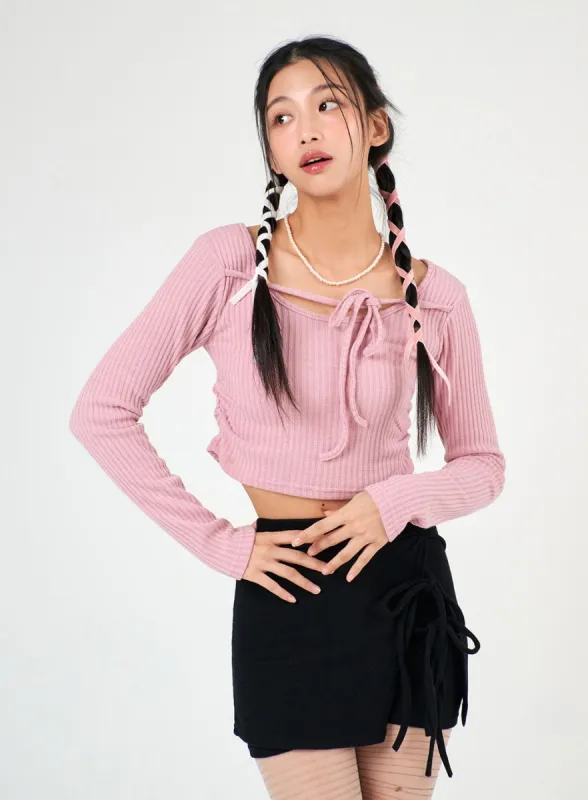 Round Neck Drawstring Ribboned Crop Long Sleeve IJ402 sold by Lewkin