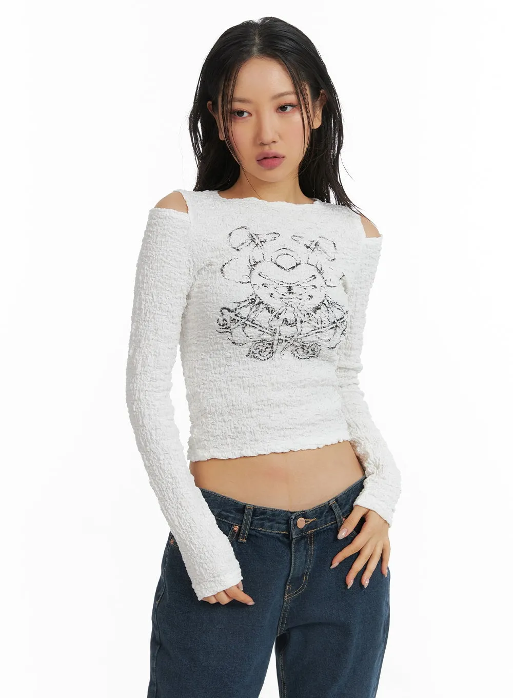 Cold Shoulder Graphic Long Sleeve CJ425 sold by Lewkin