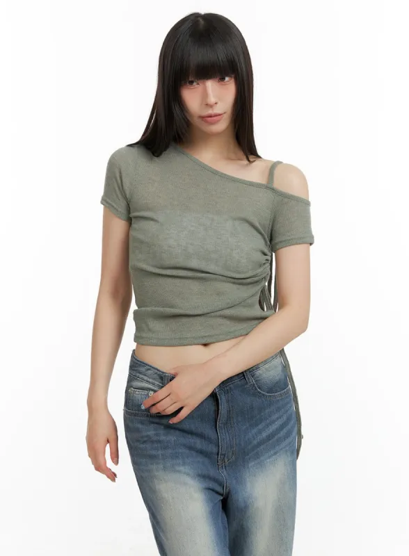 Shirred Unbalanced Crop Top CL422 sold by Lewkin
