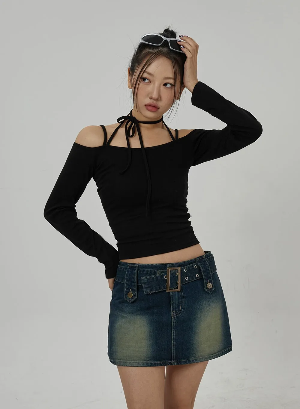 Neck Ribbon Detail Long Sleeve Cropped Top CD21 sold by Lewkin product image thumbnail 5