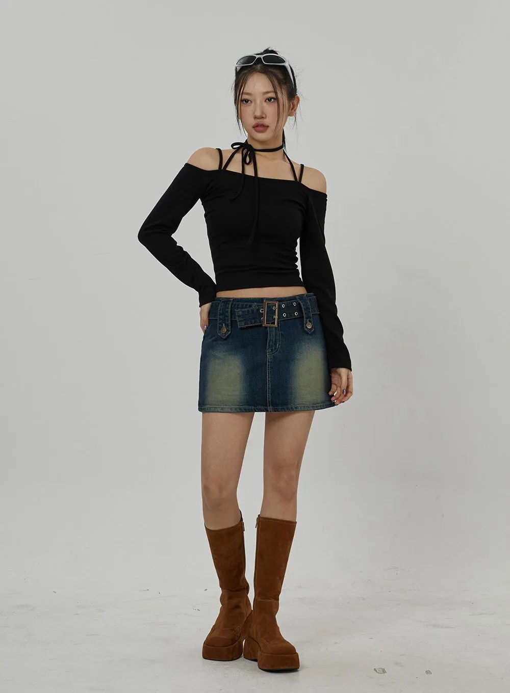 Neck Ribbon Detail Long Sleeve Cropped Top CD21 sold by Lewkin product image thumbnail 4