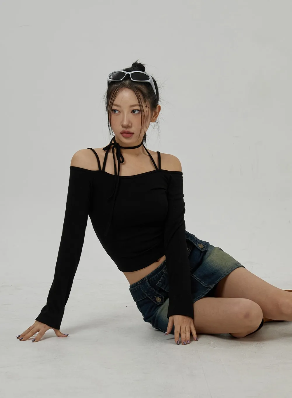 Neck Ribbon Detail Long Sleeve Cropped Top CD21 sold by Lewkin