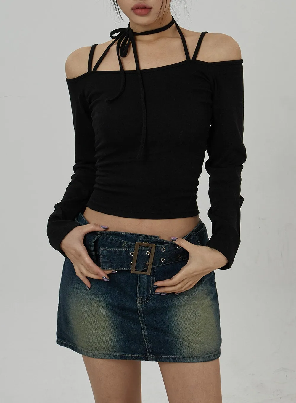 Neck Ribbon Detail Long Sleeve Cropped Top CD21 sold by Lewkin product image thumbnail 2