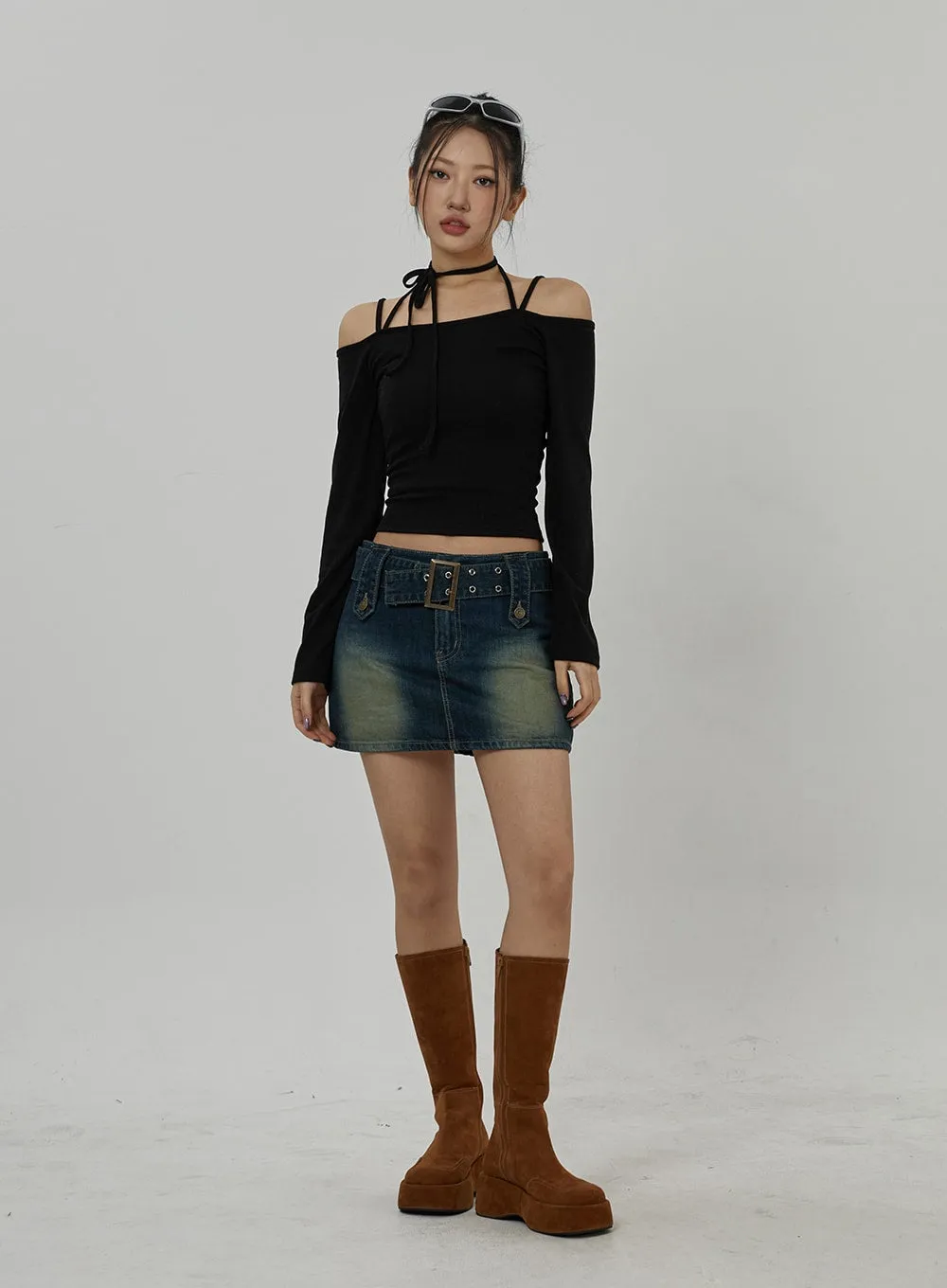 Neck Ribbon Detail Long Sleeve Cropped Top CD21 sold by Lewkin product image thumbnail 3
