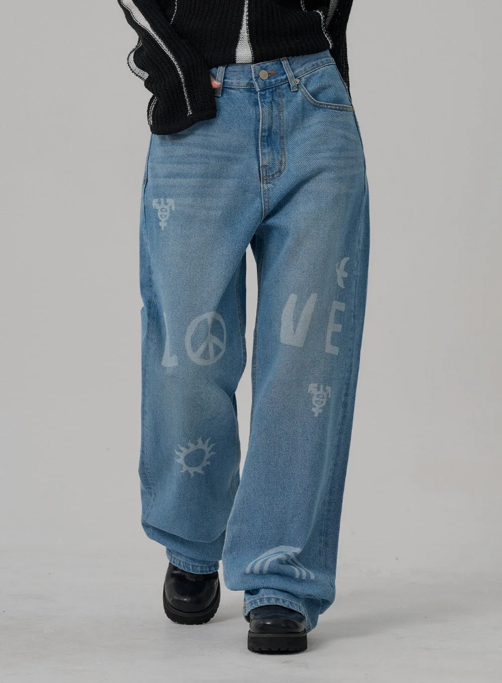 Printed Wide Denim Pants Unisex CN01 sold by Lewkin
