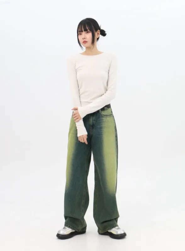 Green Wide Leg Washed Jeans IN310 sold by Lewkin