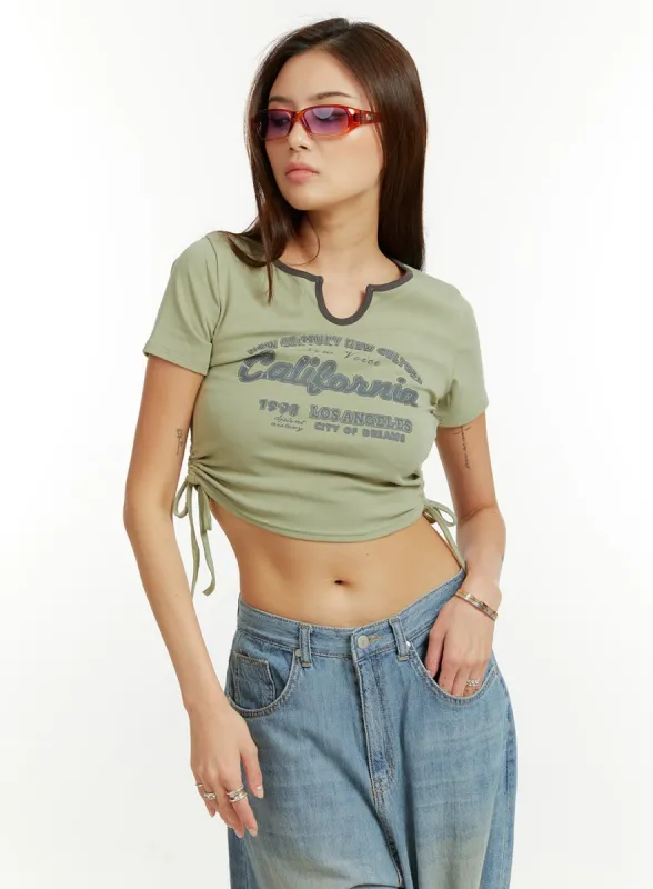 Lettering Shirred Crop Top CU421 sold by Lewkin