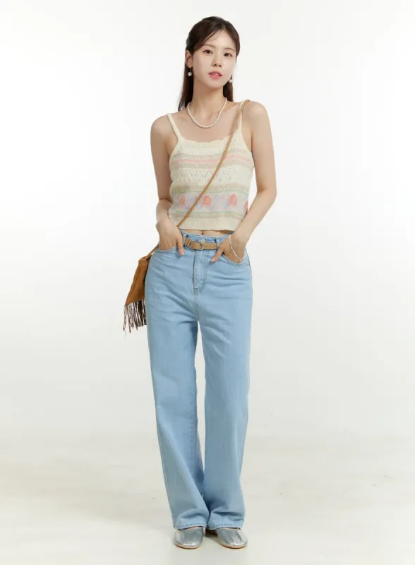 Washed Straight Jeans OU428 sold by Lewkin