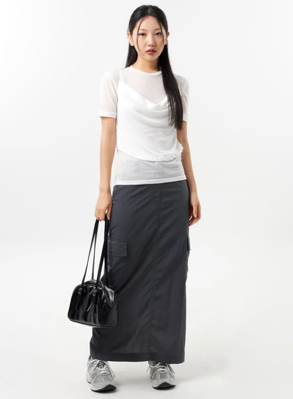 Nylon Cargo Maxi Skirt CU308 sold by Lewkin