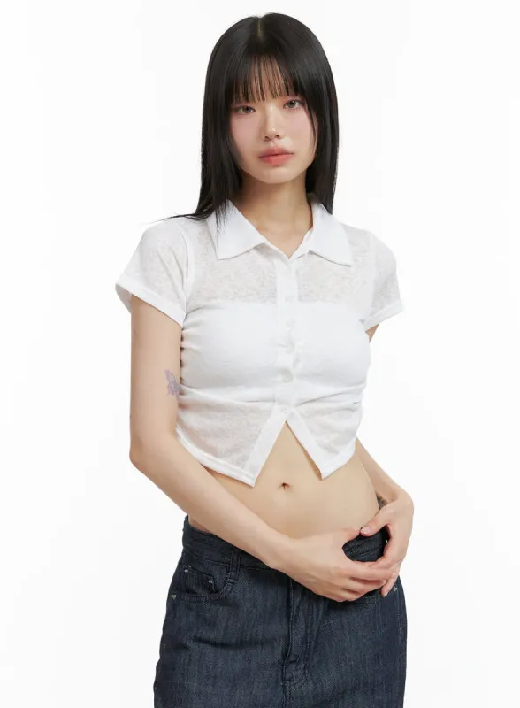 Solid Mesh Crop Collar Blouse CL403 sold by Lewkin