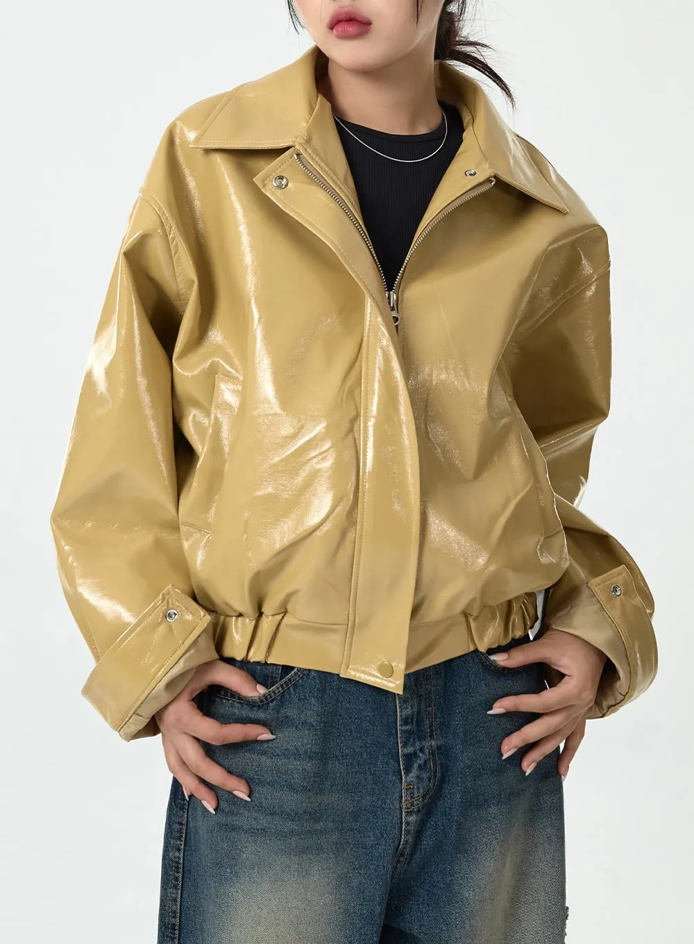 Loose Fit Glossy Bomber Jacket CG10 sold by Lewkin product image thumbnail 3