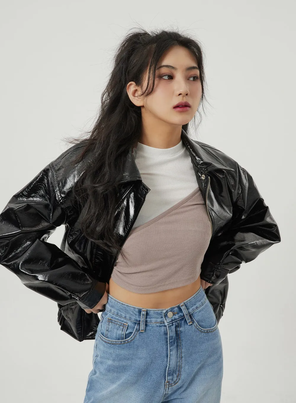 Loose Fit Glossy Bomber Jacket CG10 sold by Lewkin product image thumbnail 2