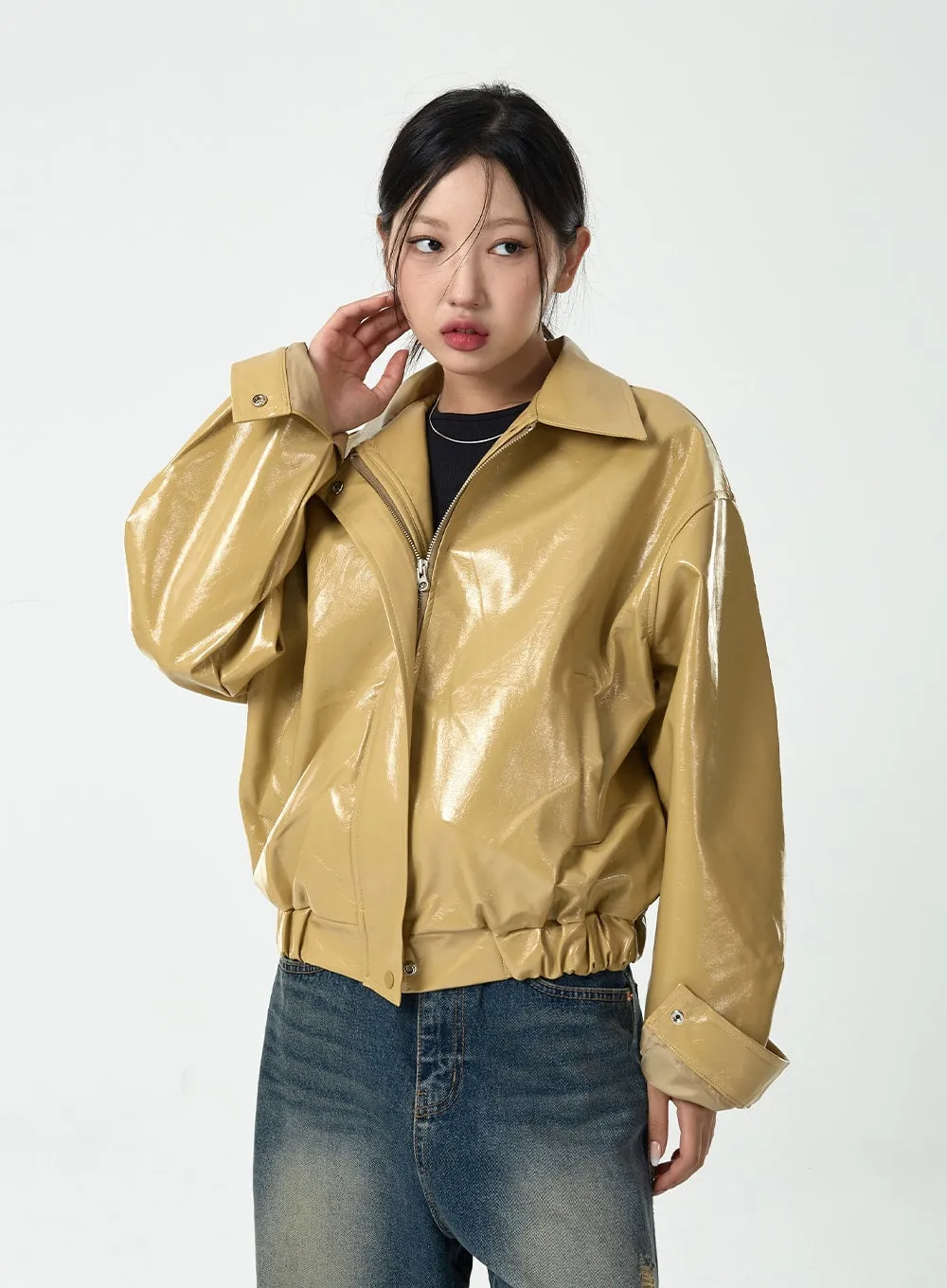 Loose Fit Glossy Bomber Jacket CG10 sold by Lewkin
