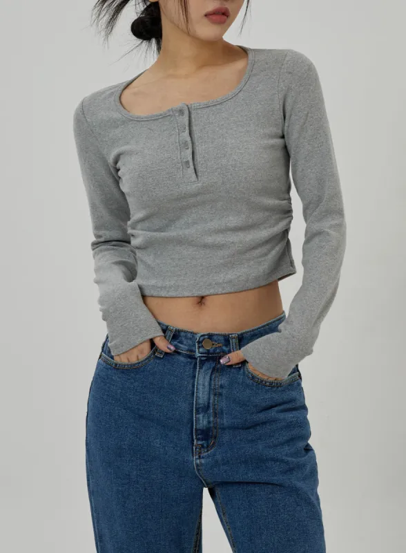 Button Neck Long Sleeve Cropped Top CD21 sold by Lewkin