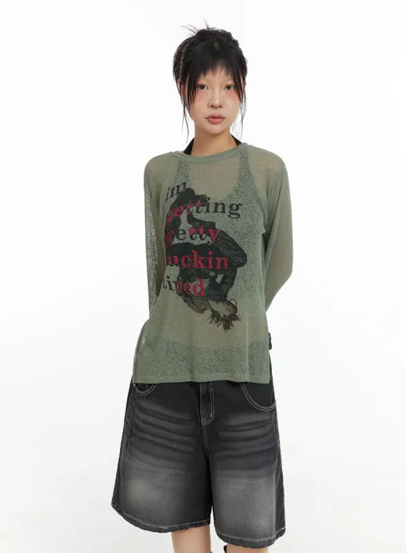 Sheer Graphic Long Sleeve Top CL415 sold by Lewkin