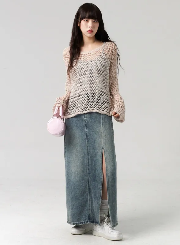 Slit Denim Maxi Skirt CL312 sold by Lewkin