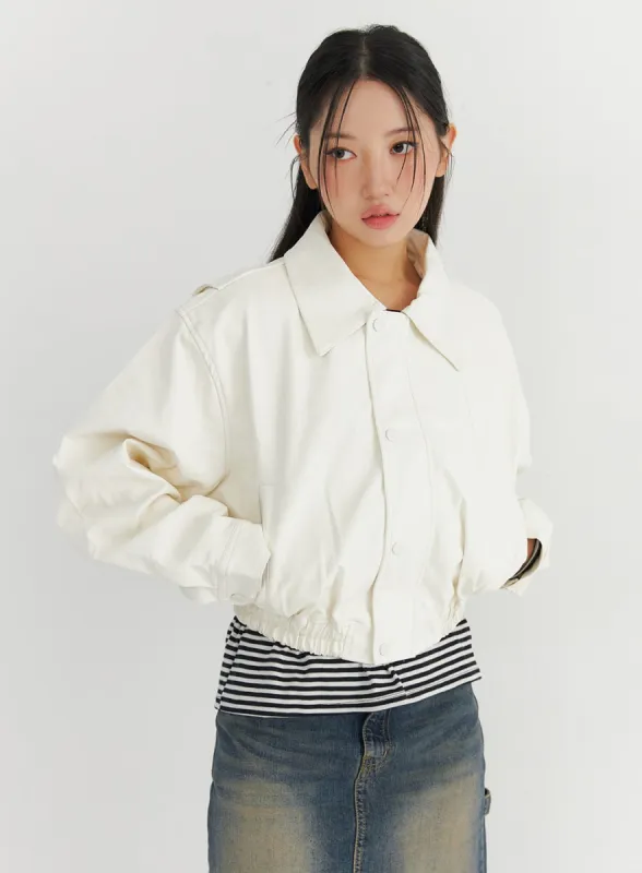 Faux Leather Snap-Button Jacket CO324 sold by Lewkin