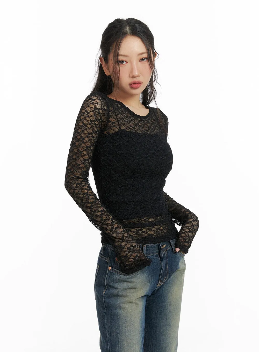 Round Neck Sheer Lace Top CM426 sold by Lewkin product image thumbnail 4