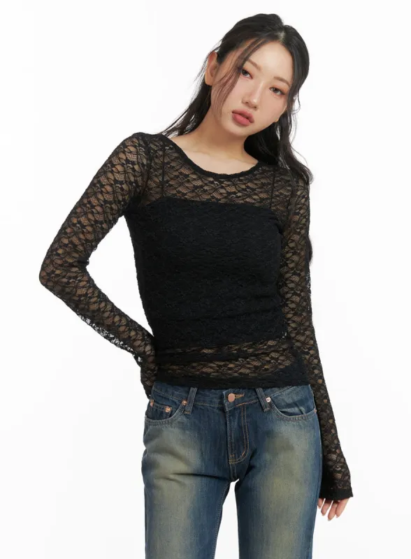 Round Neck Sheer Lace Top CM426 sold by Lewkin