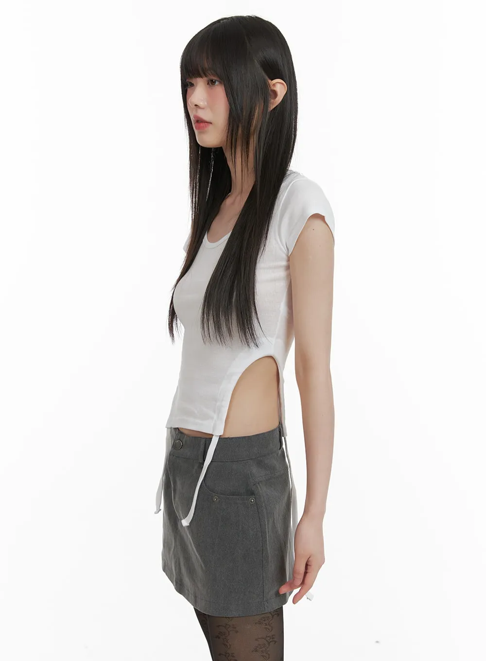 Side Slit Round Neck Tee CA422 sold by Lewkin