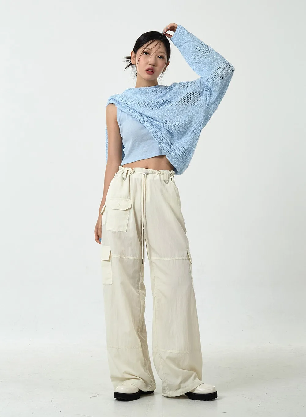Drawstring Waist Wide Cargo Pants CU13 sold by Lewkin