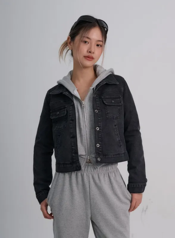 Button Crop Denim Jecket CO18 sold by Lewkin