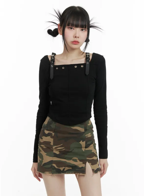 Solid Buckle Cropped Long Sleeve OM426 sold by Lewkin