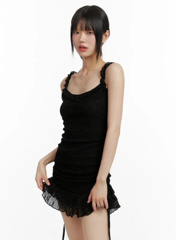 Lace Trimmed Shirred Mini Dress CL403 sold by Lewkin