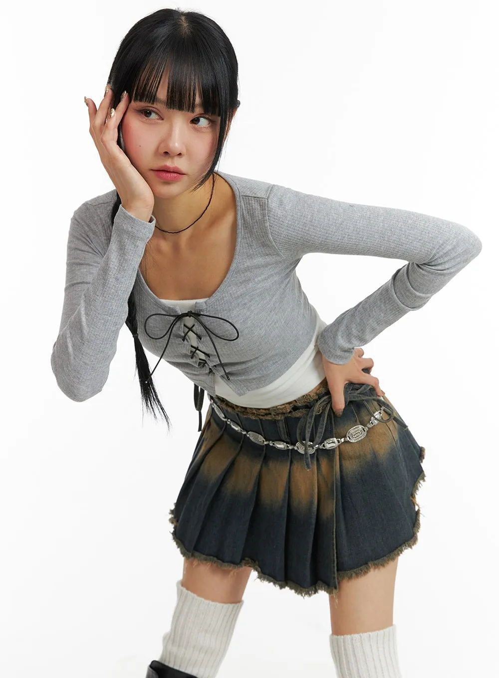 Ribbon Detail Slim Fit Long Sleeve CJ412 sold by Lewkin