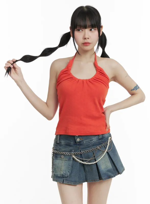 Rib Shirred Halter Top OM426 sold by Lewkin