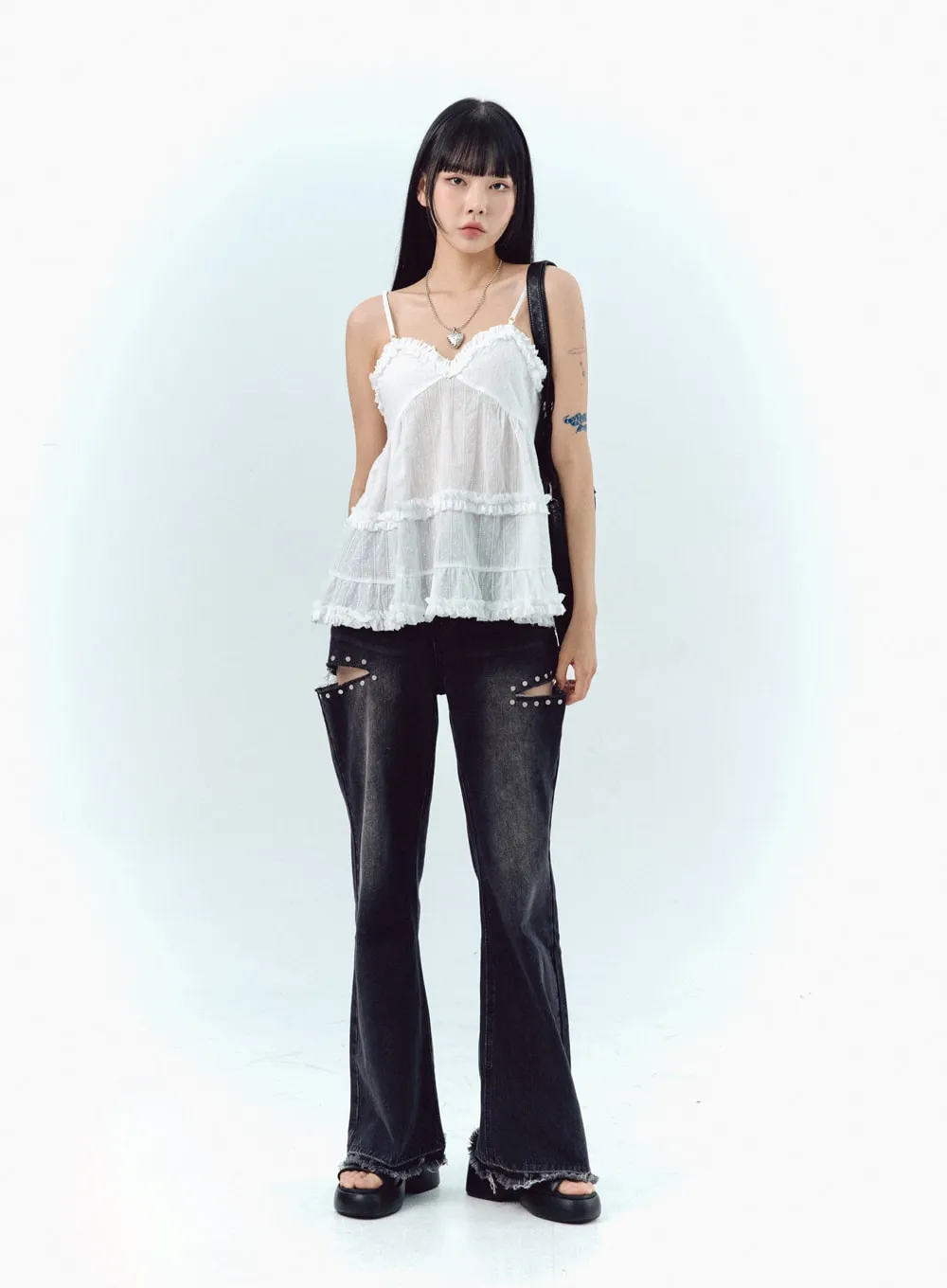 ジプソヒィア　 Lace Frill Pocket Tee ブラック Tシャツ / カットソー | gypsohila