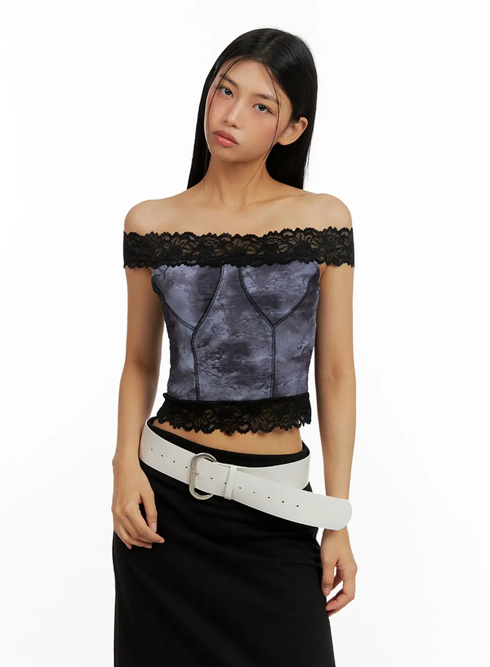 Lace Hem Off-Shoulder Graphic Top IL419 sold by Lewkin product image thumbnail 3