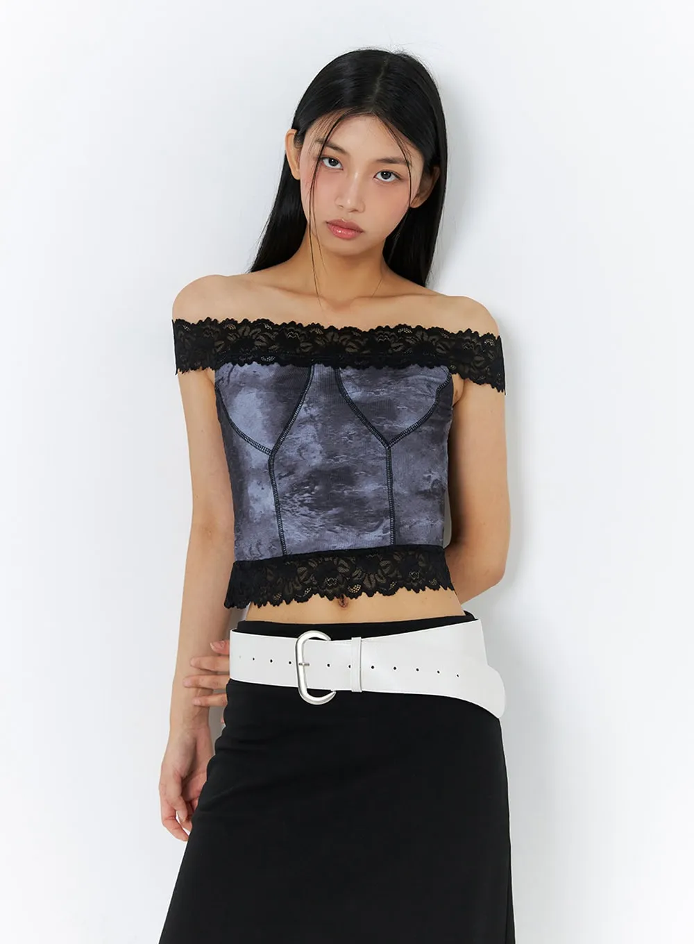 Lace Hem Off-Shoulder Graphic Top IL419 sold by Lewkin